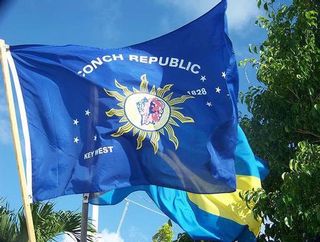 A Conch Republic flag waving in the wind.