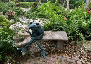 A frog statue on a bench at a Crane Point nature trail.