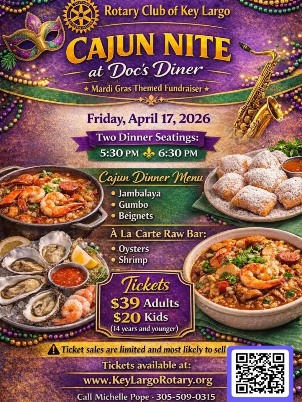 Purple, gold, and green Cajun Nite flyer with food images and event details.