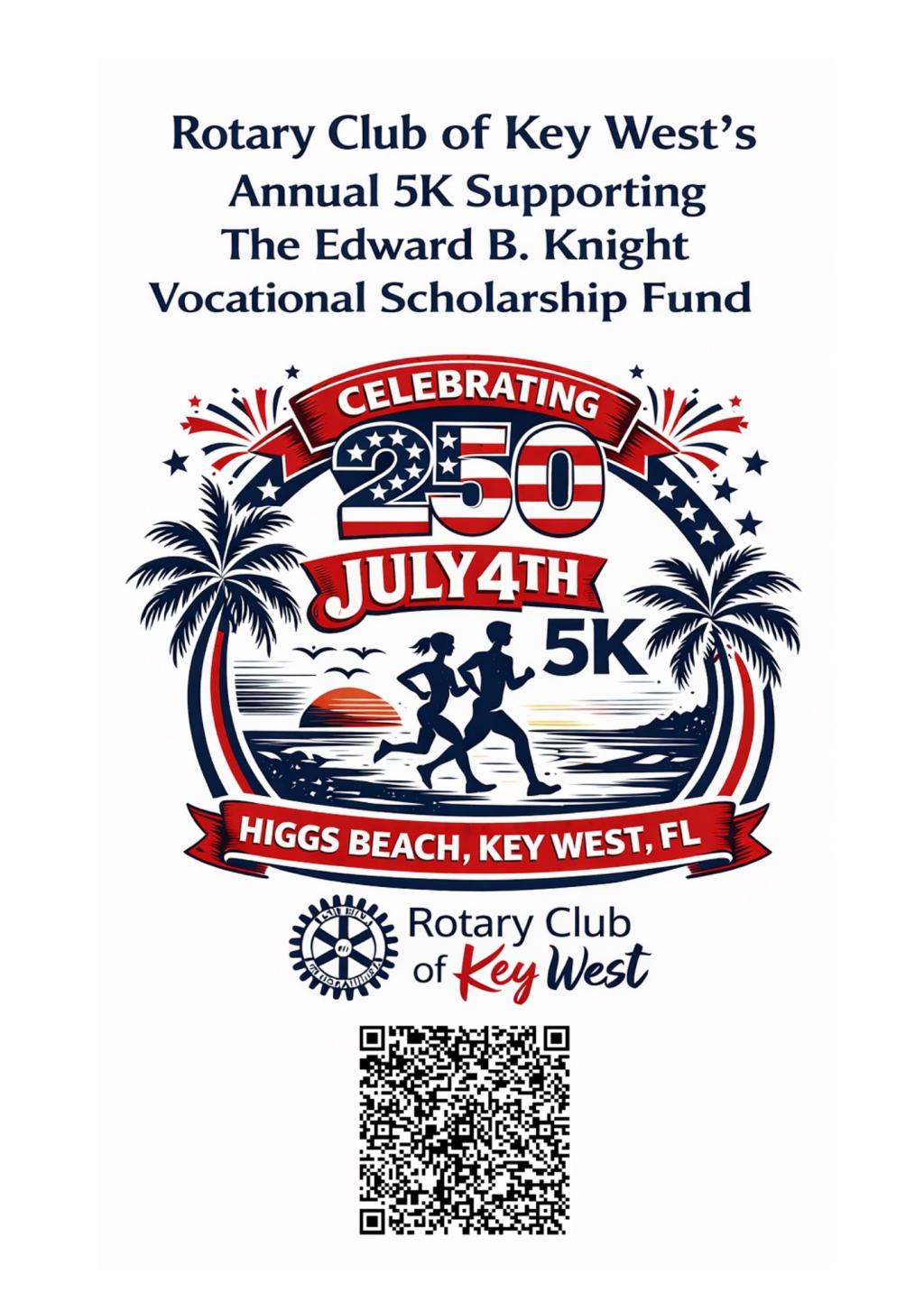 Rotary Club 5K logo with palm trees and fireworks.