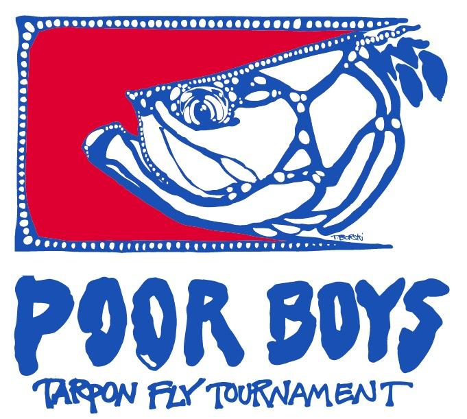 Blue tarpon design on red background, text reads "Poor Boys Tarpon Fly Tournament."