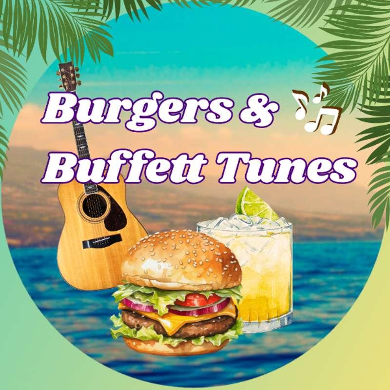Guitar, burger, and cocktail on beach background with palm leaves.