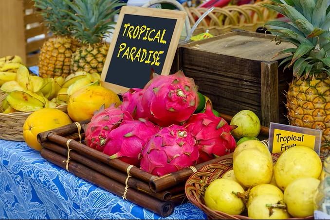 Tropical fruit display, including pineapples, dragon fruit, and bananas.