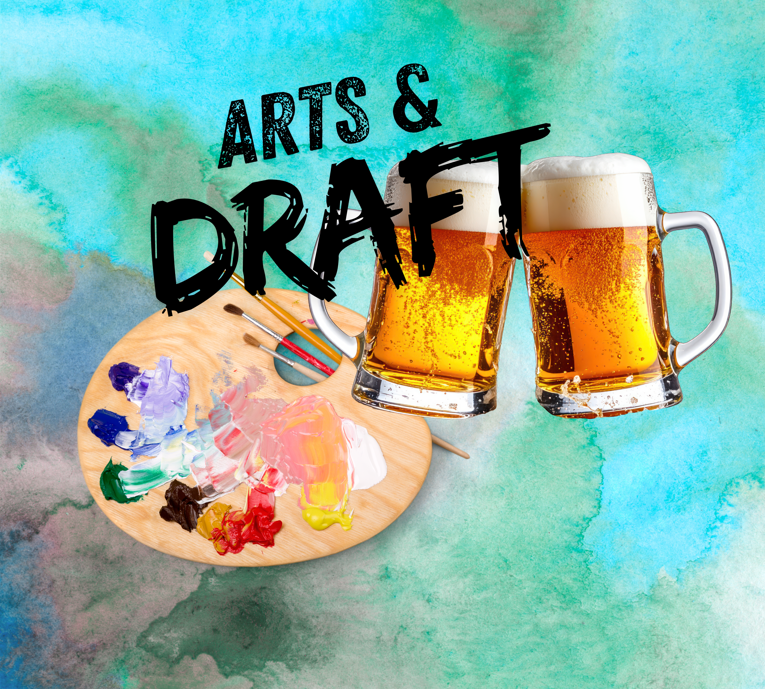 Art palette and paintbrushes with two beer mugs on watercolor background.