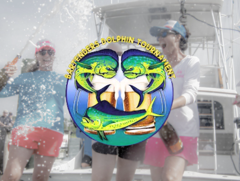 Two women celebrate on a boat with a fishing tournament logo overlay.