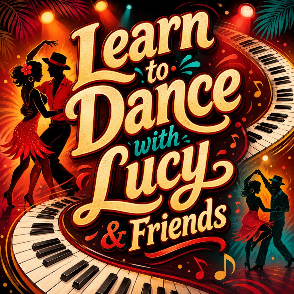 Vintage dance poster with couples, piano keys, and colorful lights.