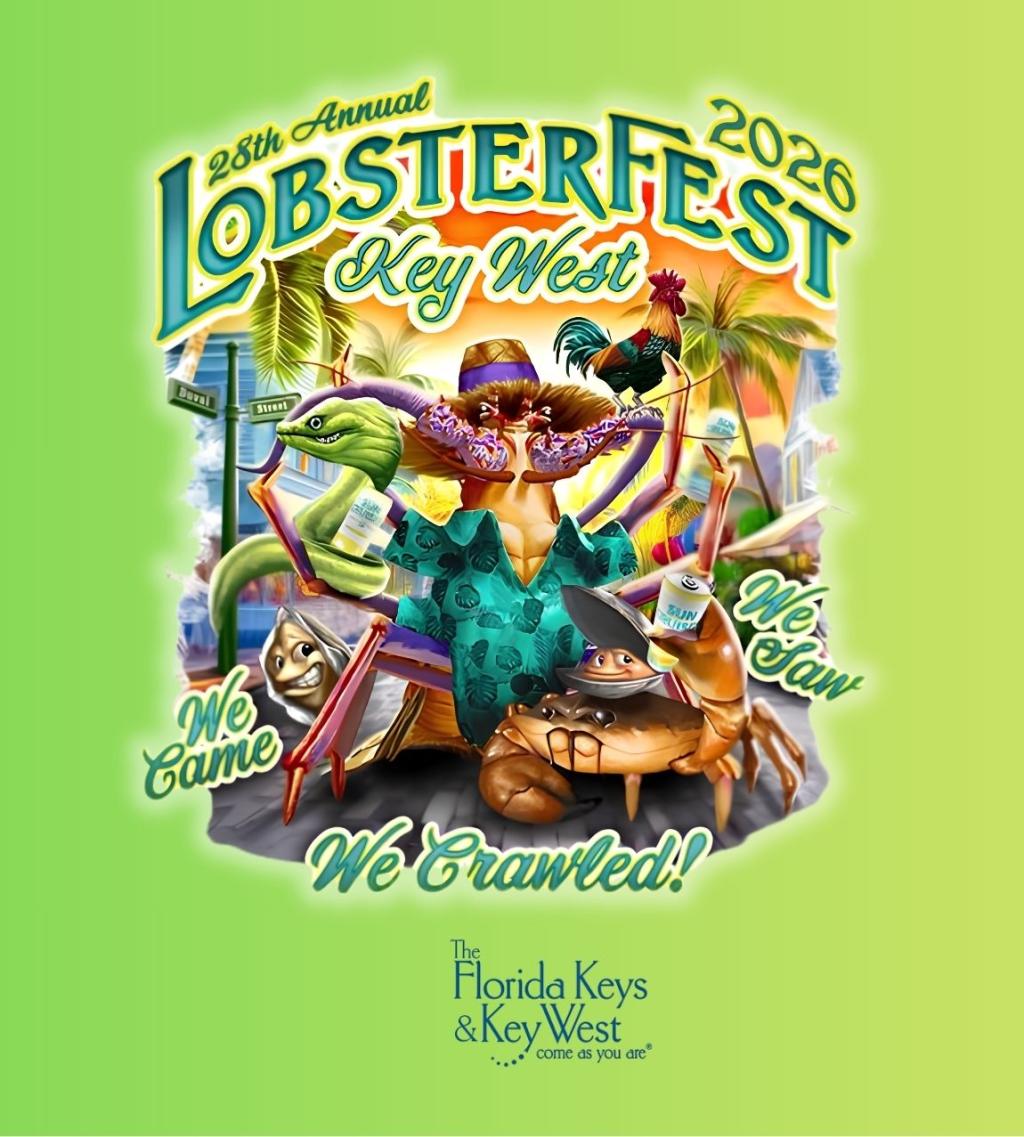 Colorful lobster in a tropical setting with the text "Lobsterfest Key West 2026."