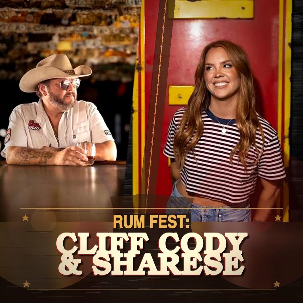Cowboy in a hat at a bar; woman smiling in a striped shirt against a red background.
