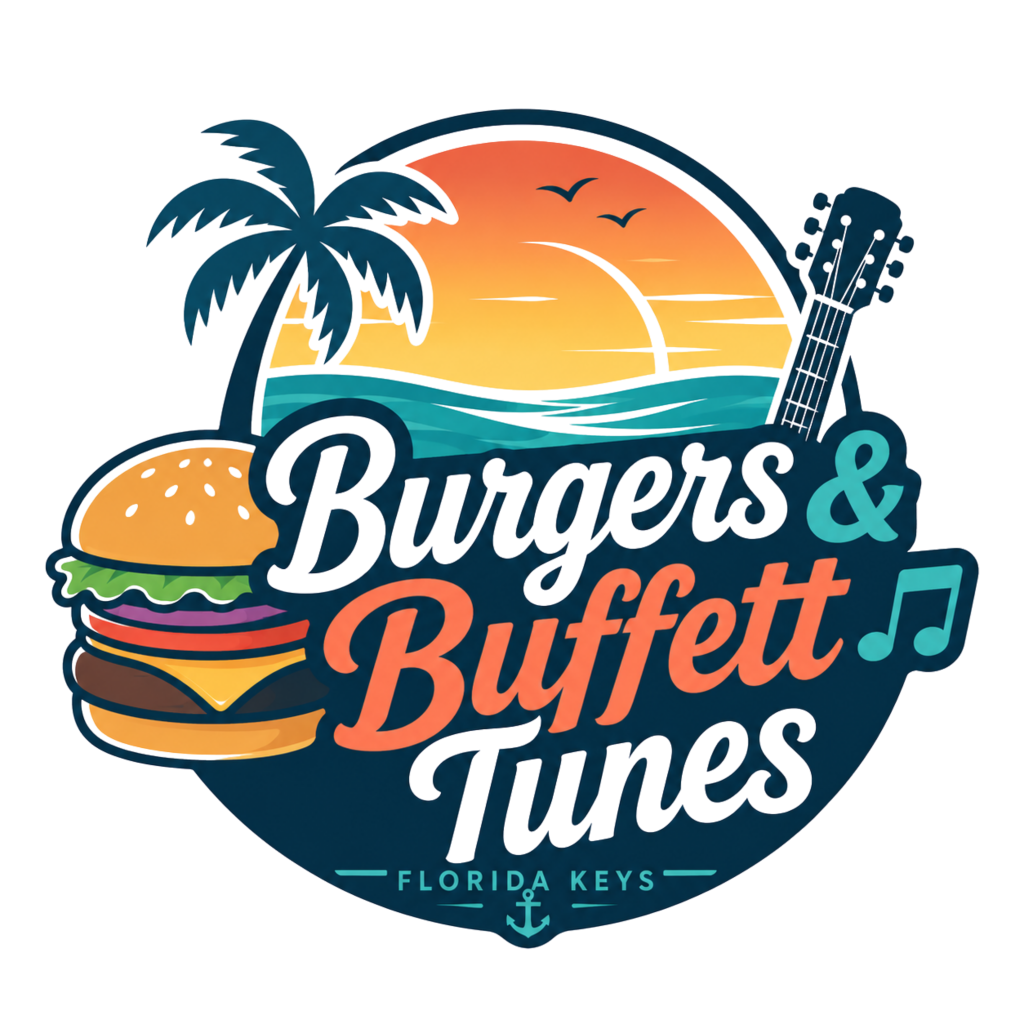 Burgers &amp; Buffett Tunes logo with sunset, palm, burger, and guitar.