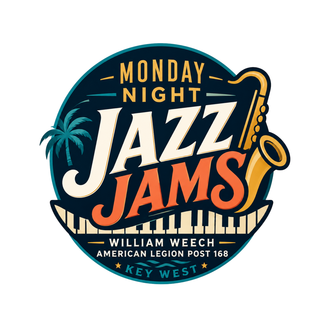 Jazz Jams logo with saxophone and piano keys.