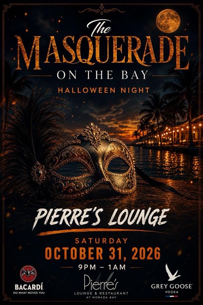 Halloween masquerade event poster for Pierre’s Lounge, October 31, 2026.