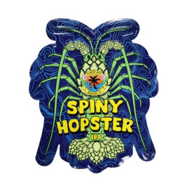 Colorful beer label with hops and tropical design.