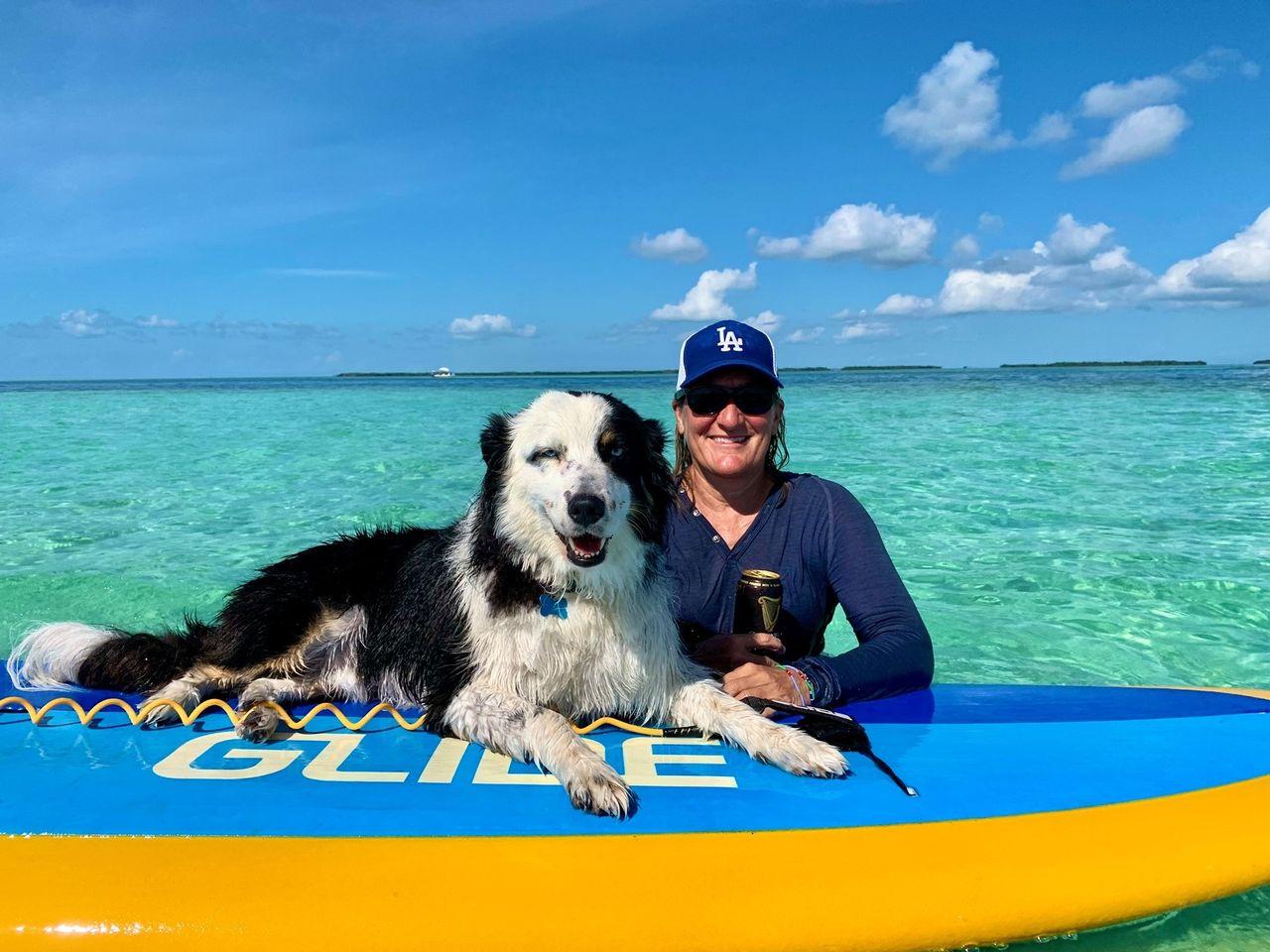 Person and dog on paddleboard in clear blue water, under a bright sky.