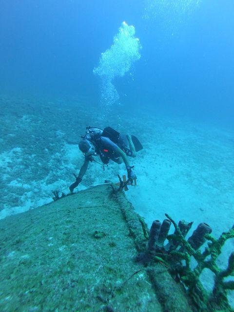 Diver examining underwater shipwreck on the ocean floor.