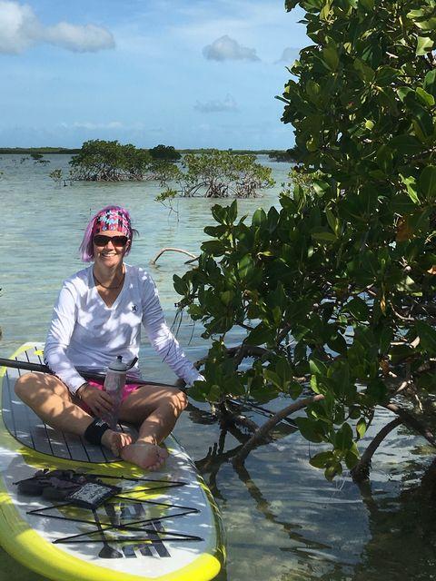 Person sitting on a paddleboard near mangroves in shallow water.
