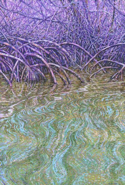 Purple branches over green, rippling water.
