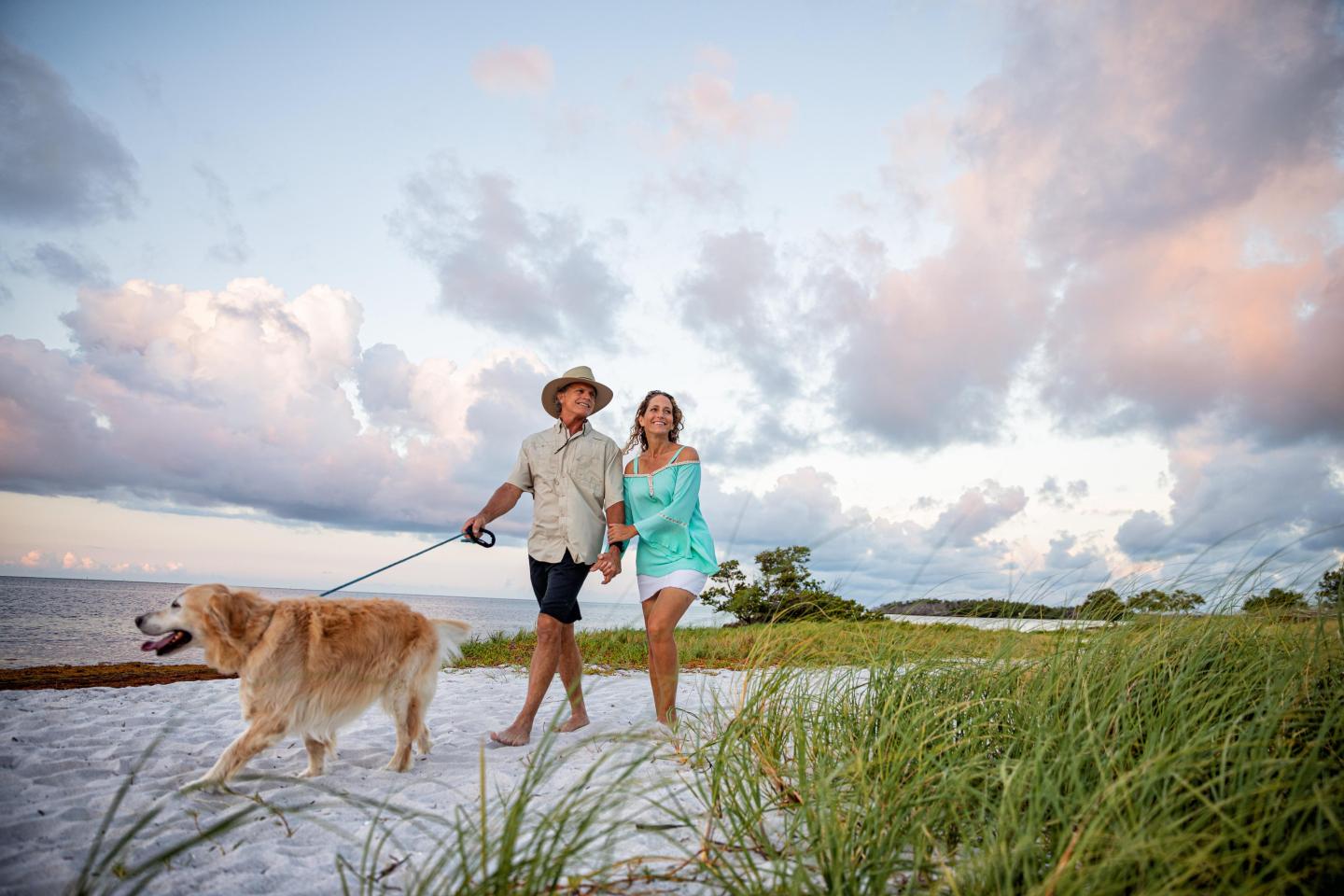 Couple walking a dog on a beach at sunset, with cloudy sky and green grass.
