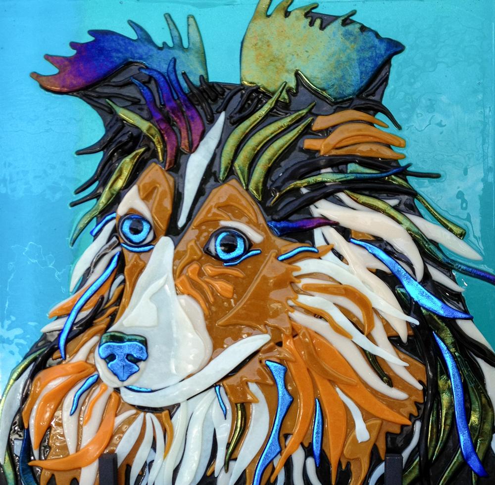 Colorful mosaic of a dog against a blue background.