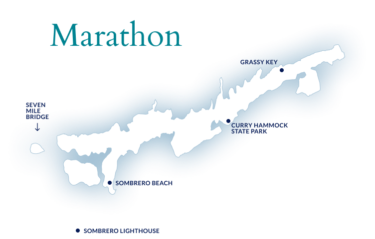 Map of Marathon island in blue and white.