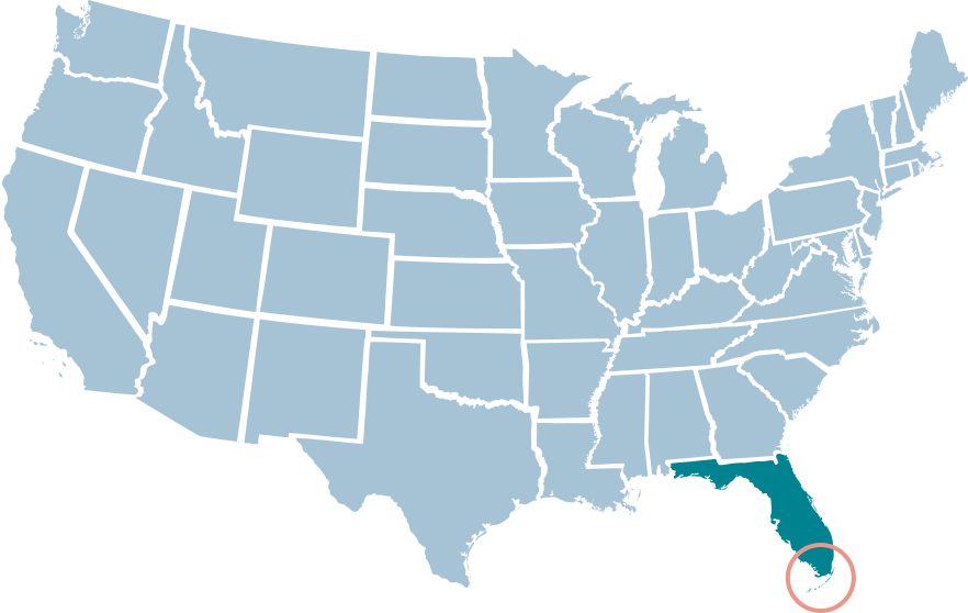 US map with Florida highlighted in teal.