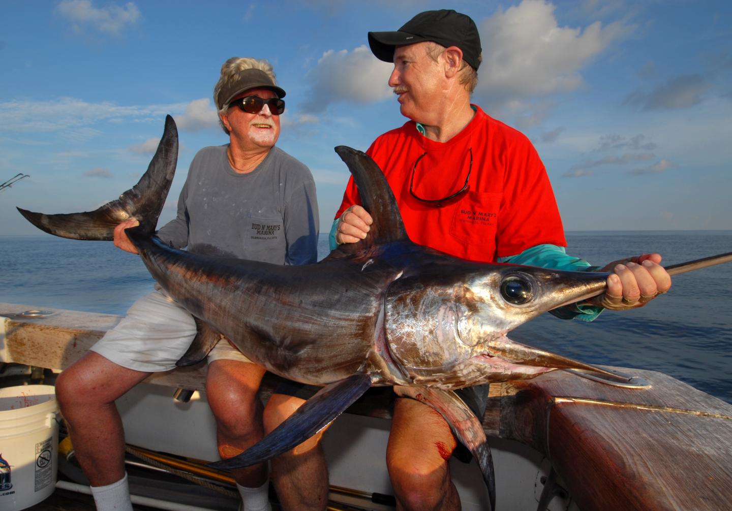 Two men sitting on a boat, holding a large swordfish, under a partly cloudy sky.