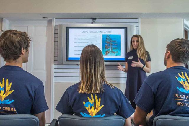 Group listening to a presentation on marine conservation.