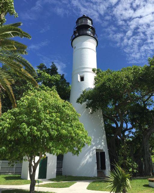 White lighthouse surrounded by lush green trees under a blue sky.