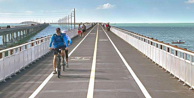 Cyclists riding on a bridge over the sea under a clear sky.