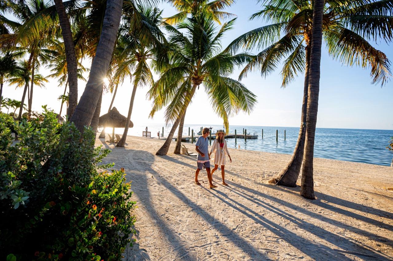 Couple walking on a sunny beach with palm trees.