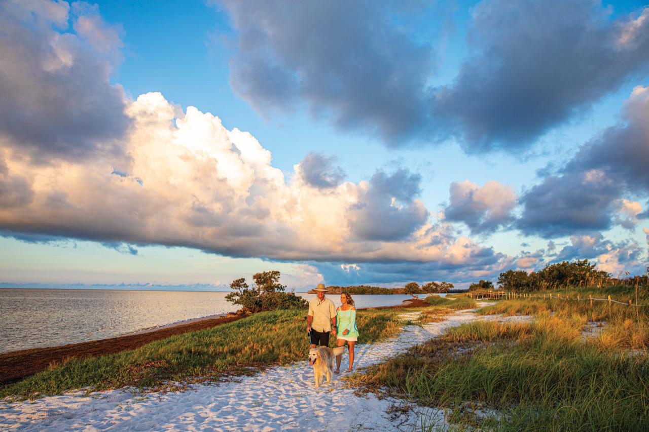 Couple walking on a sandy beach under a cloudy blue sky.
