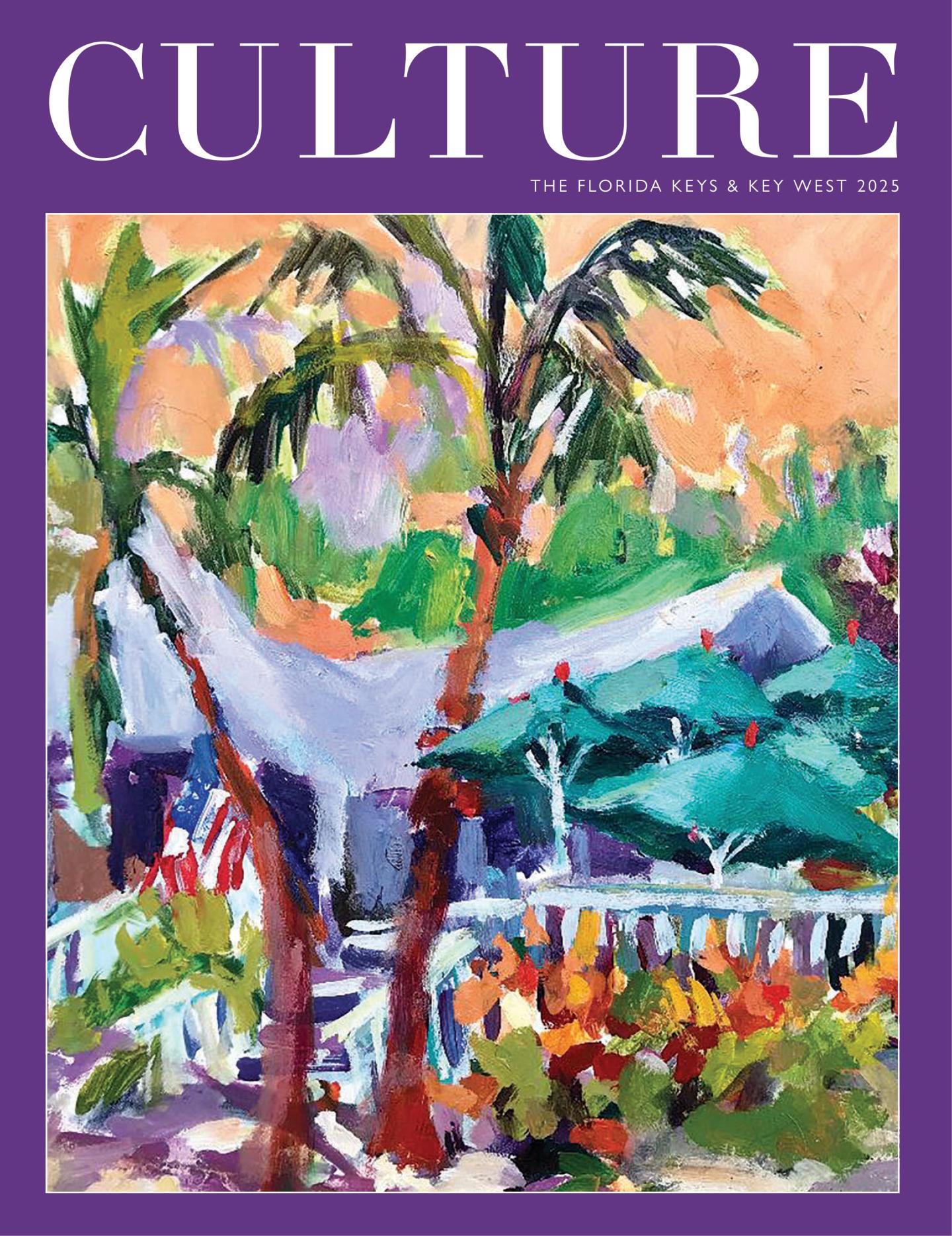 Colorful tropical landscape painting with palm trees and a house.