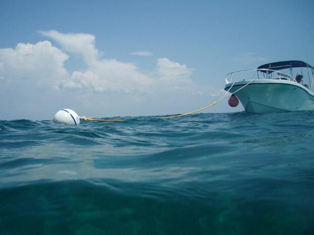Boat anchored in calm sea with buoy, under a clear sky.