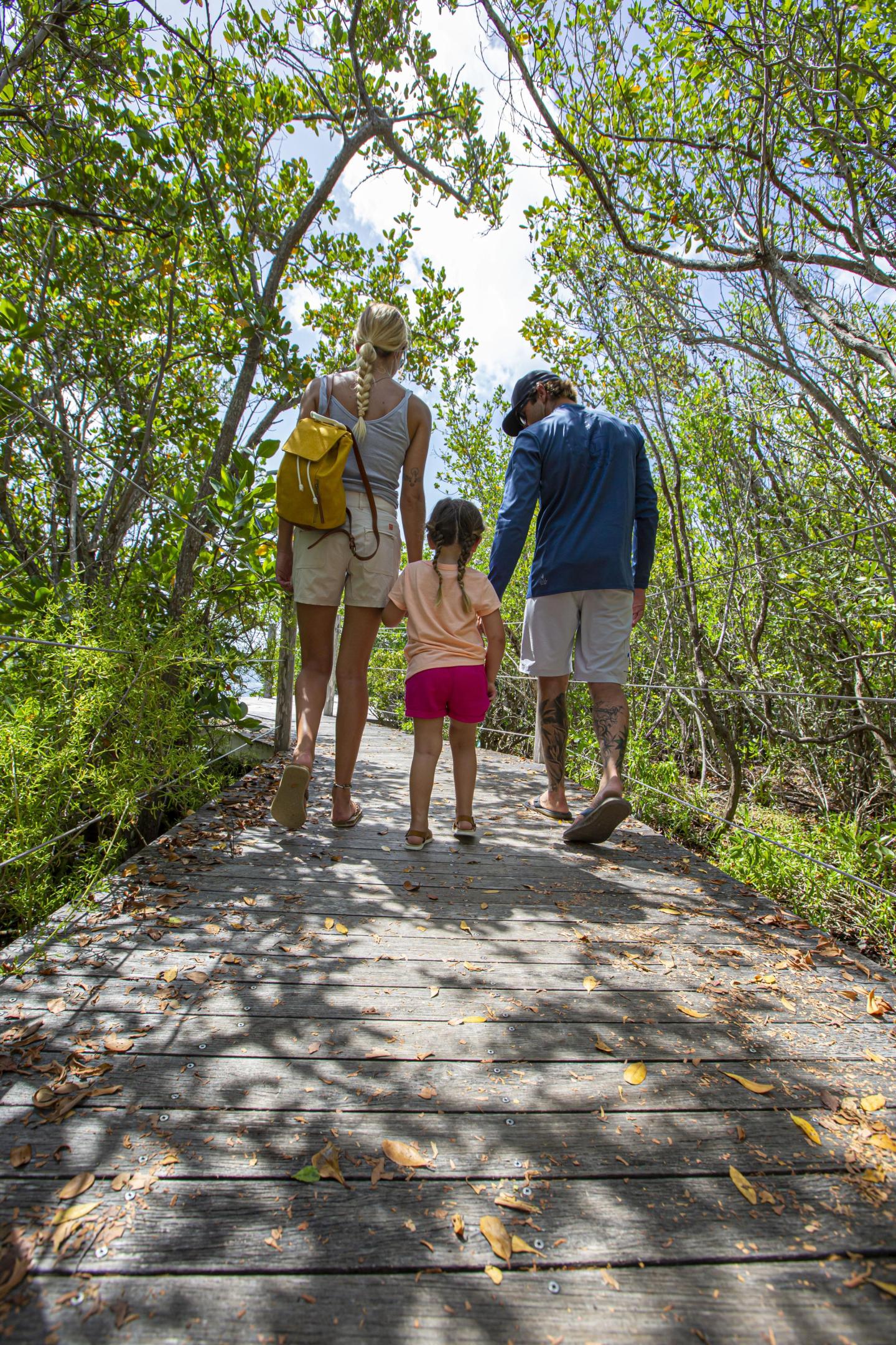Family walking on a shaded wooden path through greenery.