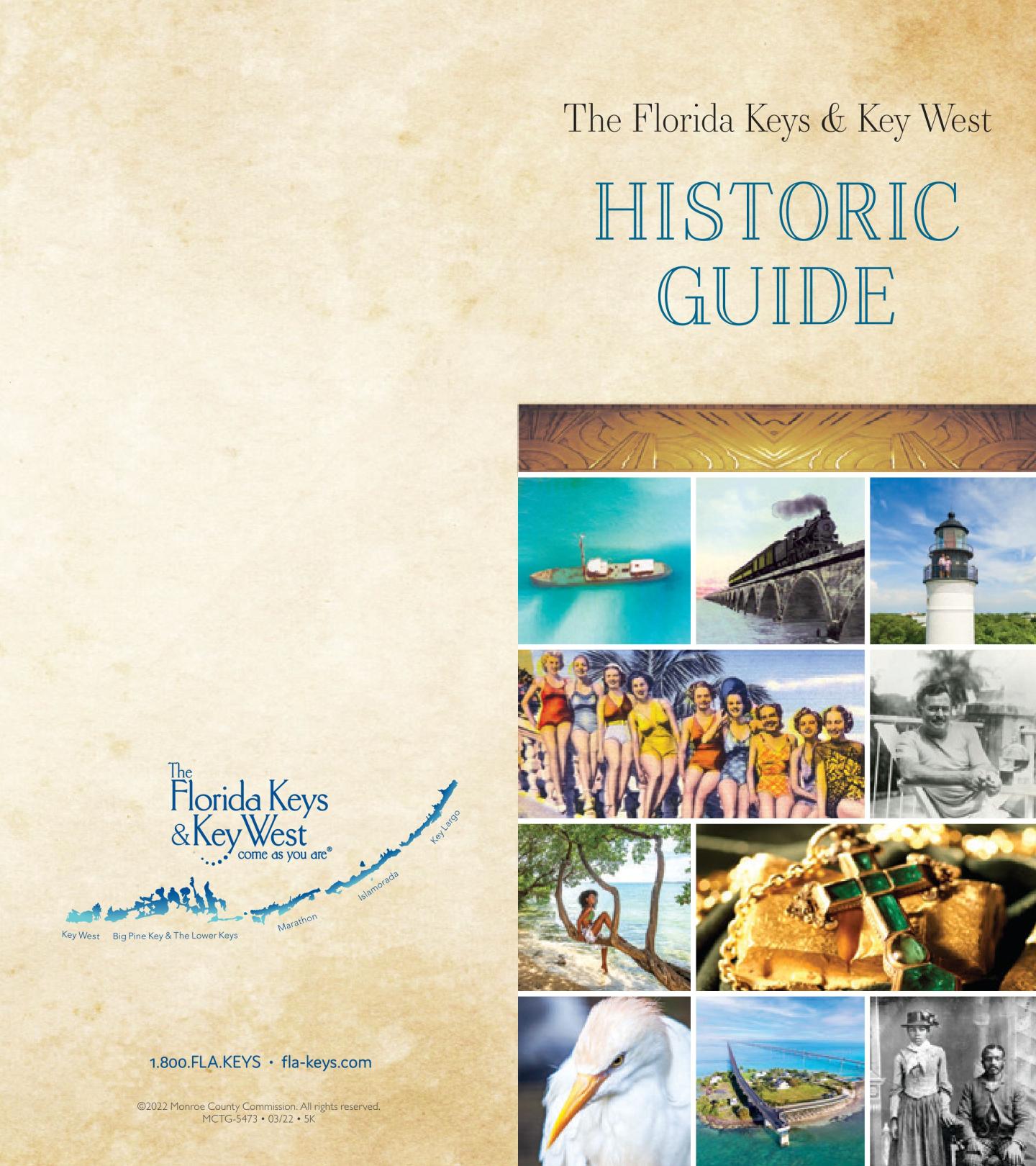 Historic guide cover with images of landmarks and scenic spots in the Florida Keys.
