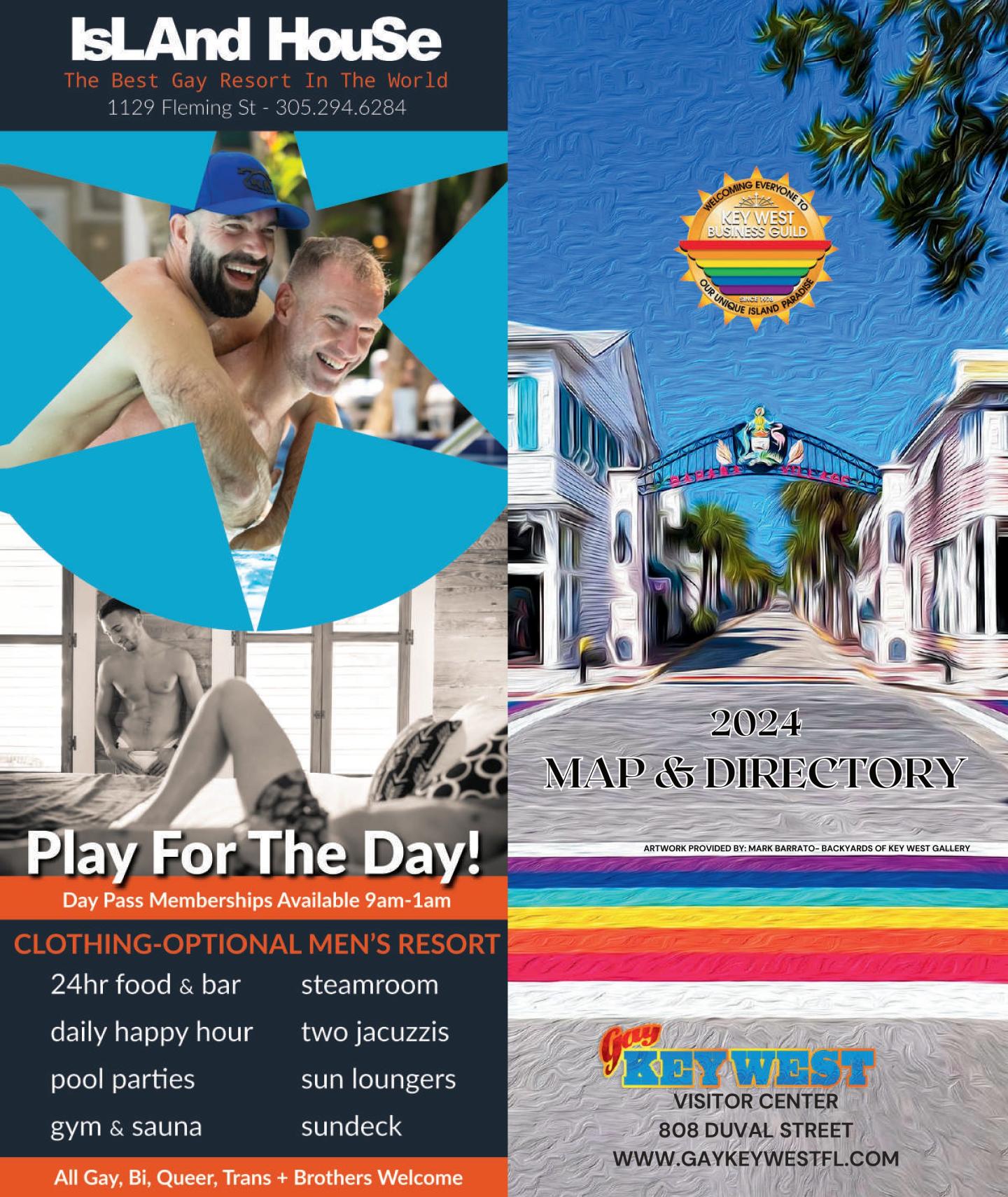 Two smiling men in a pool; a colorful street with rainbow crosswalks.