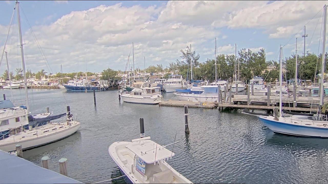 Boats docked at a marina under a partly cloudy sky.