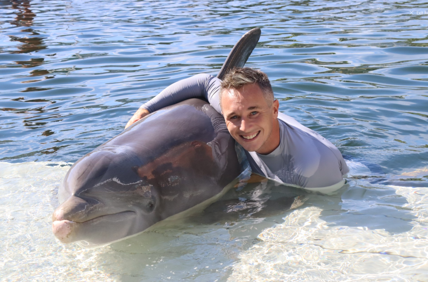 Smiling man embraces a dolphin in shallow water.