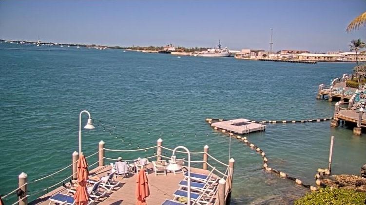 Sunny harbor view with docks and lounge chairs by the water.