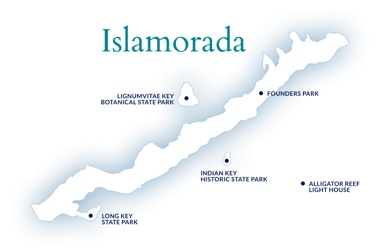 White silhouette map of Islamorada on a blue background.