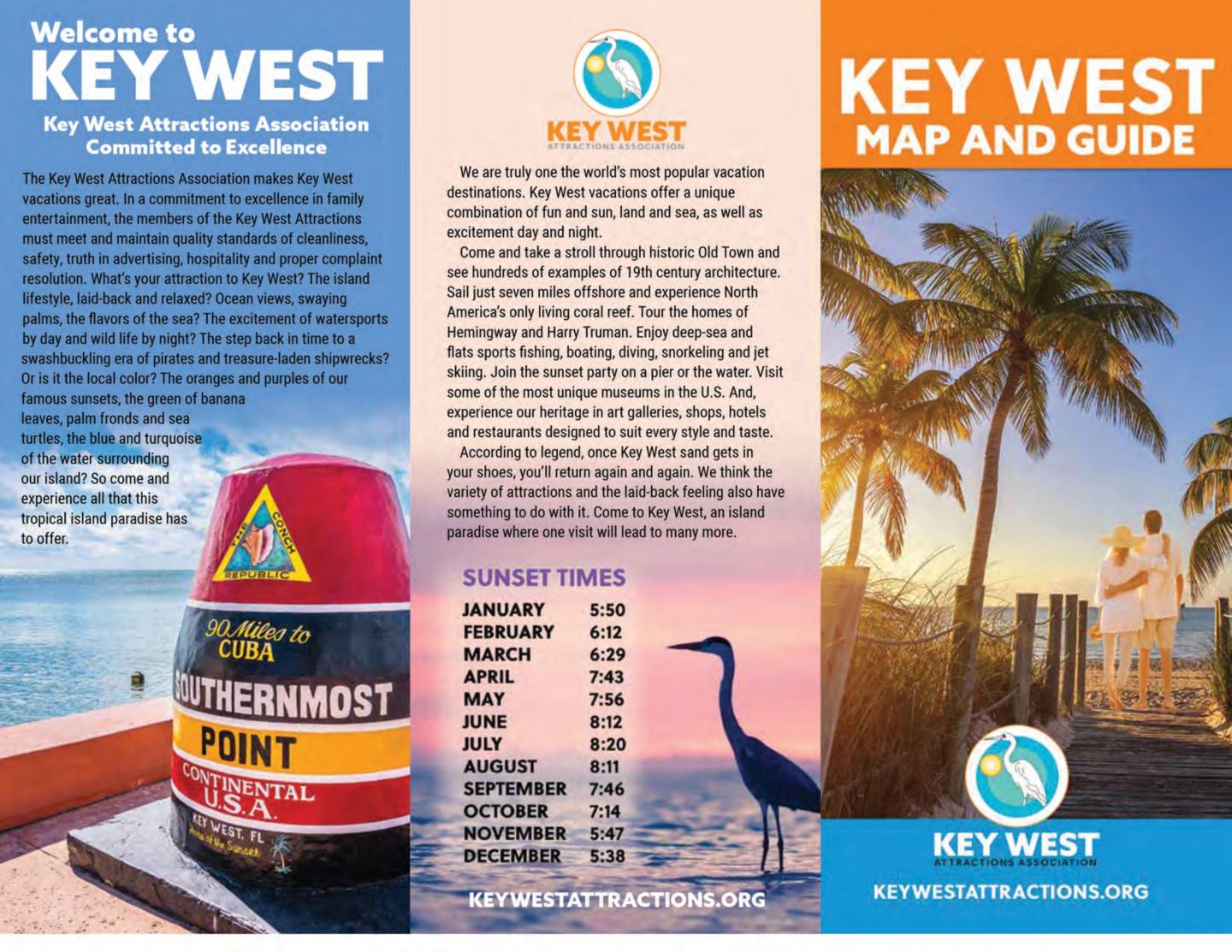 Key West travel pamphlet with buoy, palm trees, and sunset.