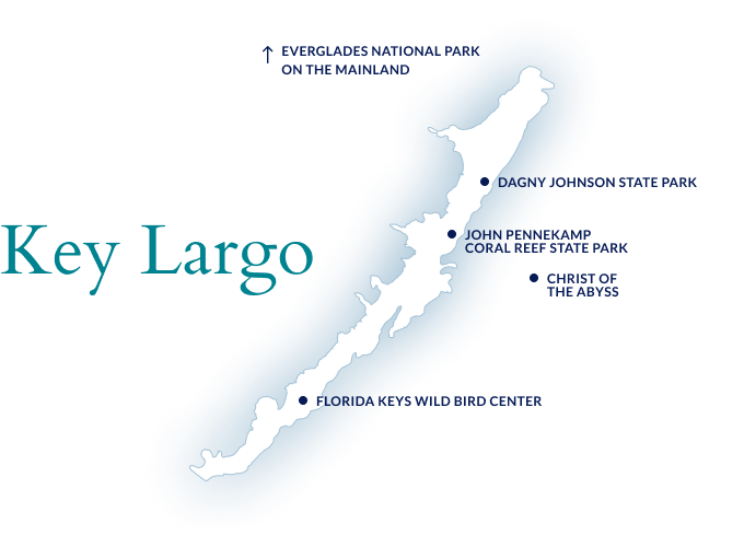 Map illustration of Key Largo with labeled landmarks.