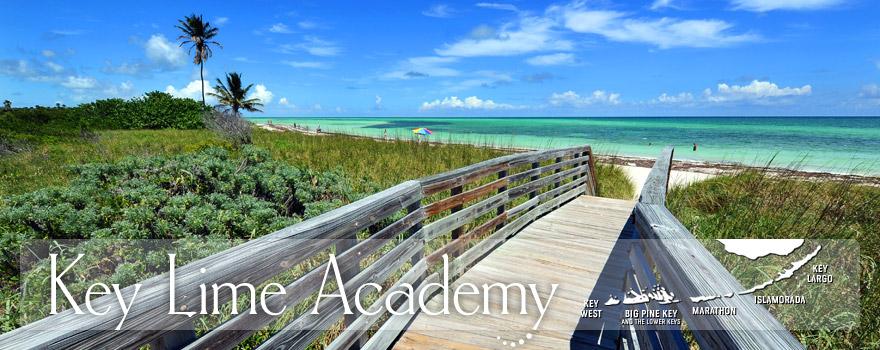 Beach boardwalk leading to turquoise sea with blue skies and palm trees.