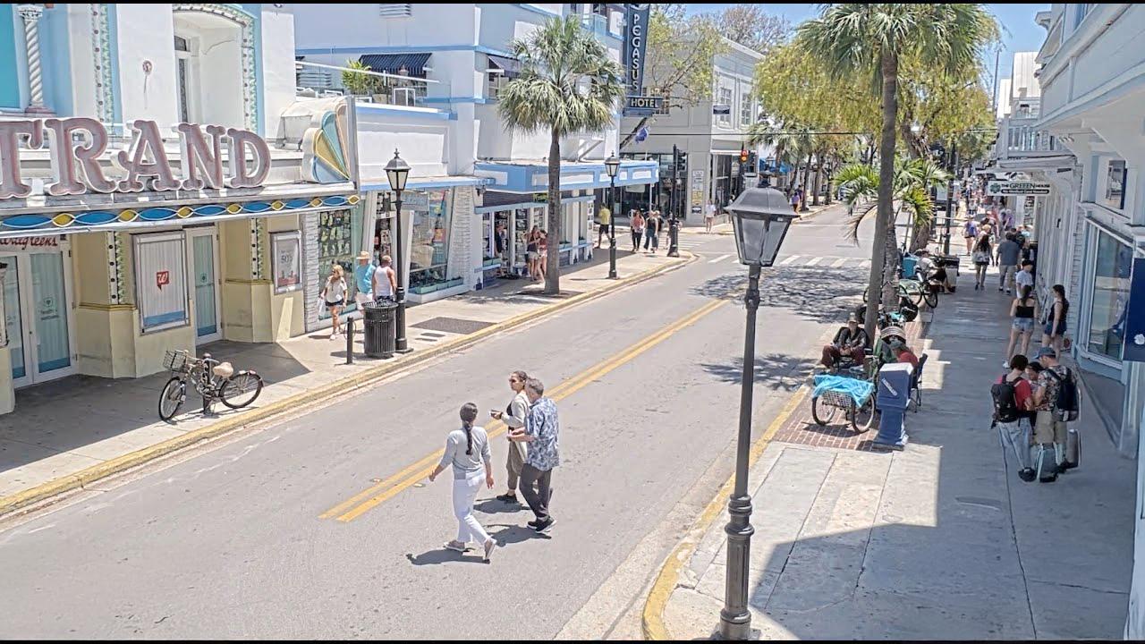 Sunny street scene with pedestrians, palm trees, and theater marquee.