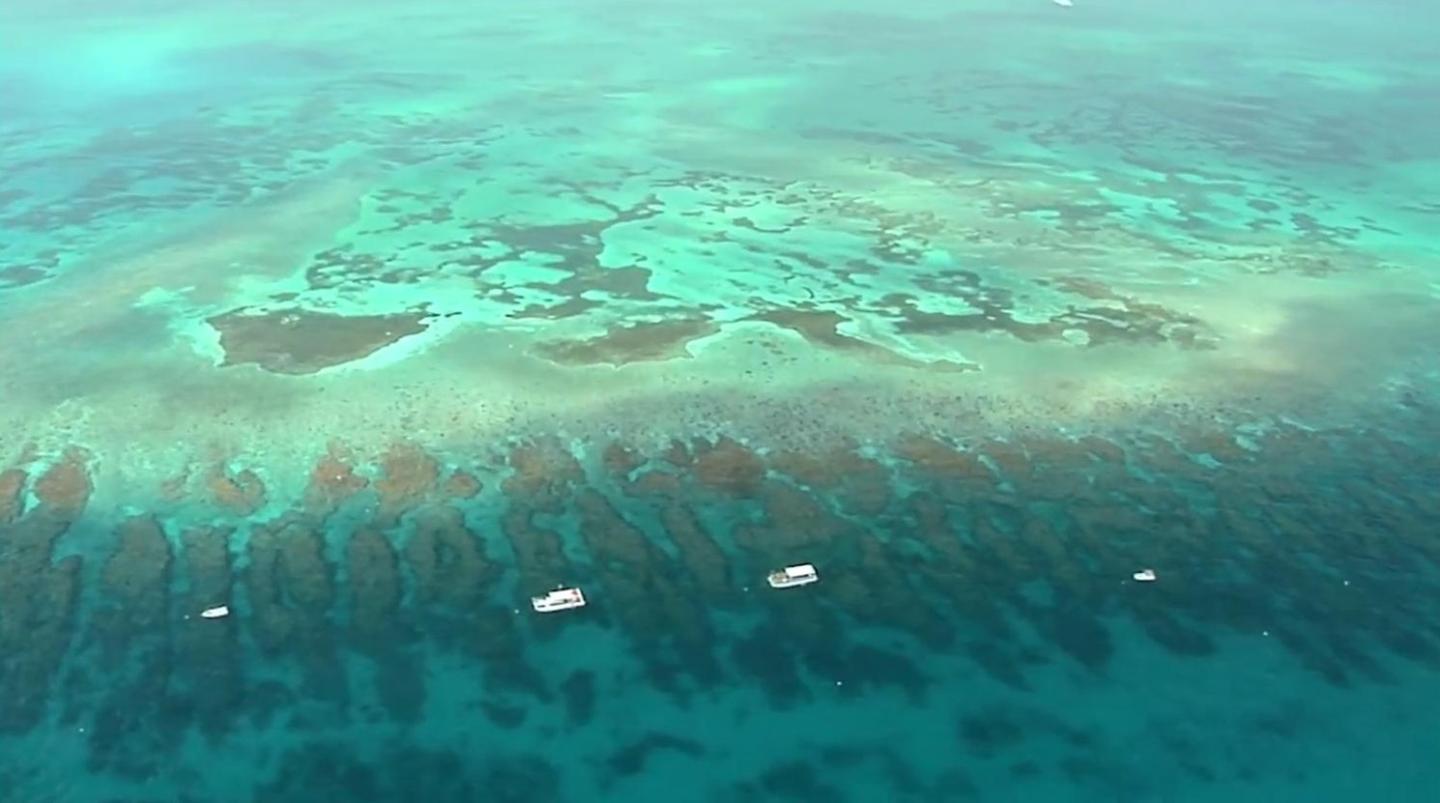 Aerial view of a vast, turquoise coral reef with a few boats.