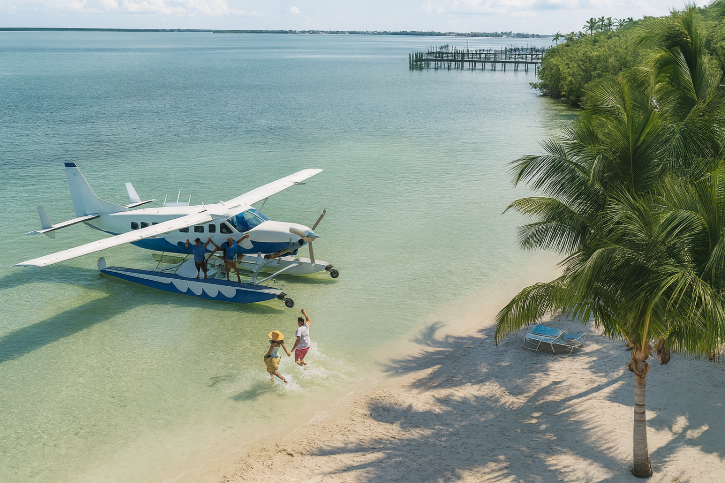 Seaplane on clear water near sandy beach, with palm trees and people walking nearby.