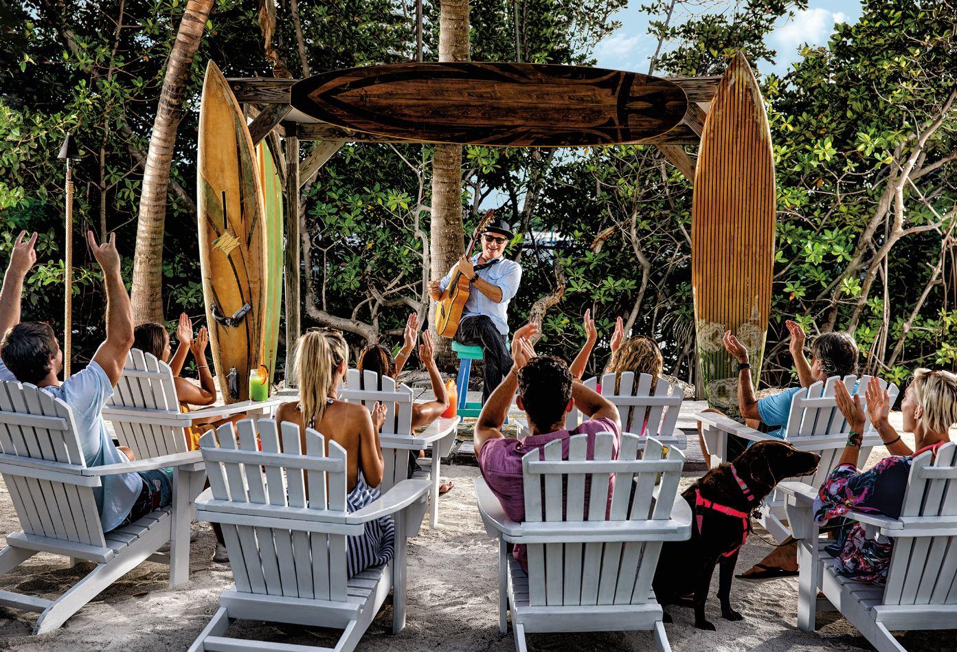 Audience in chairs facing a musician outdoors, surrounded by trees and surfboards.