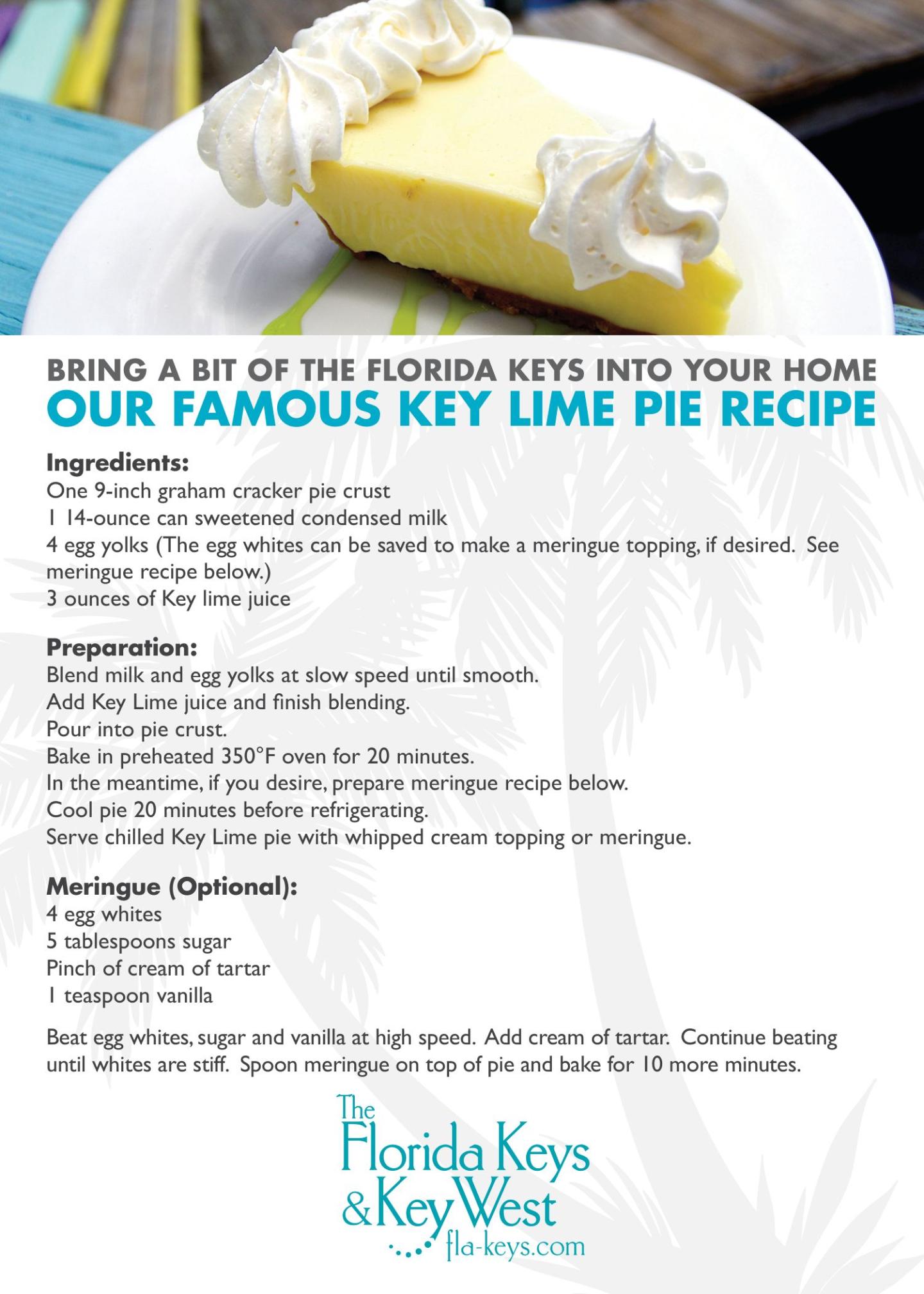 Key lime pie with whipped cream on top; recipe text overview with logo at bottom.