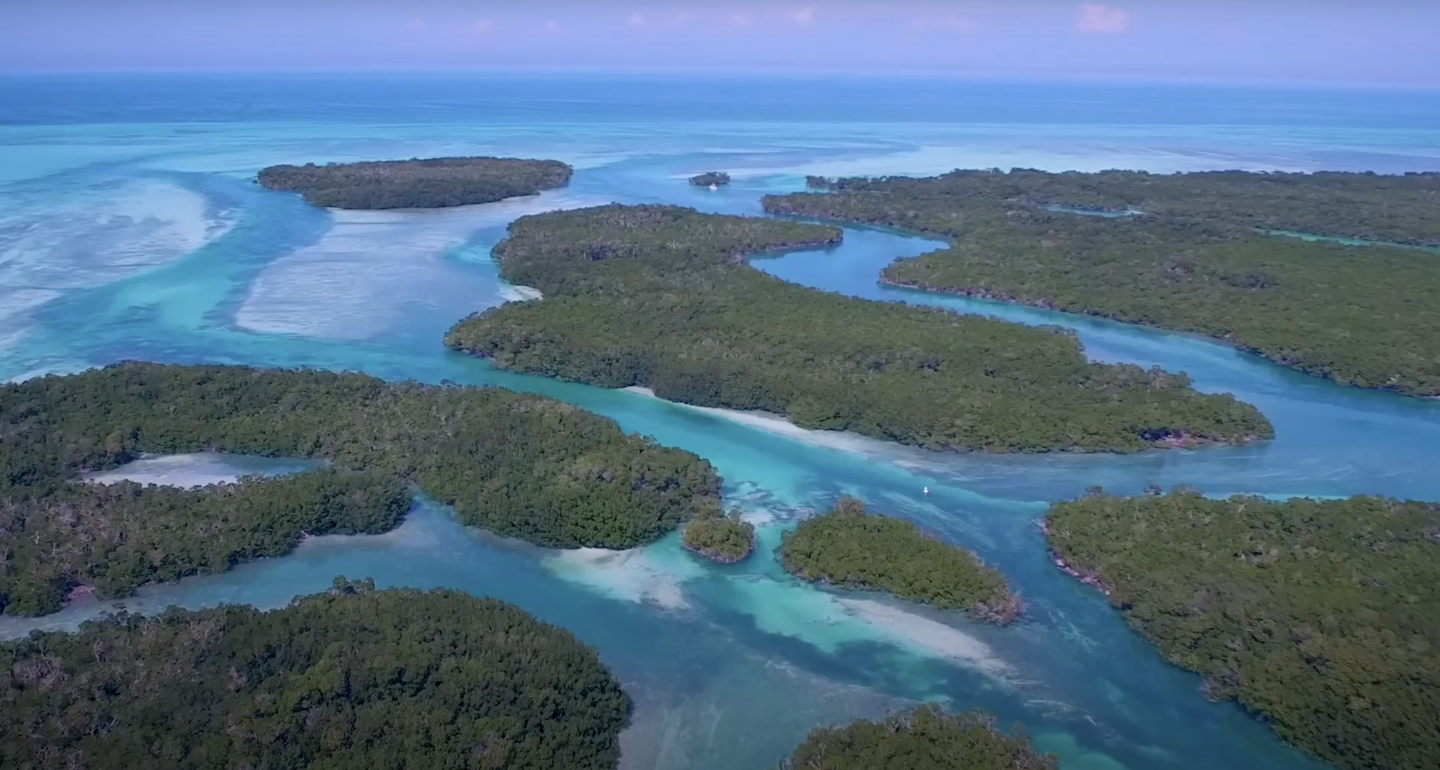Tropical islands with lush greenery and turquoise waters.