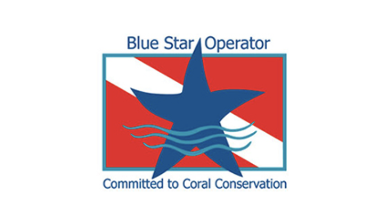 Blue Star Operator logo with star and waves, red background.