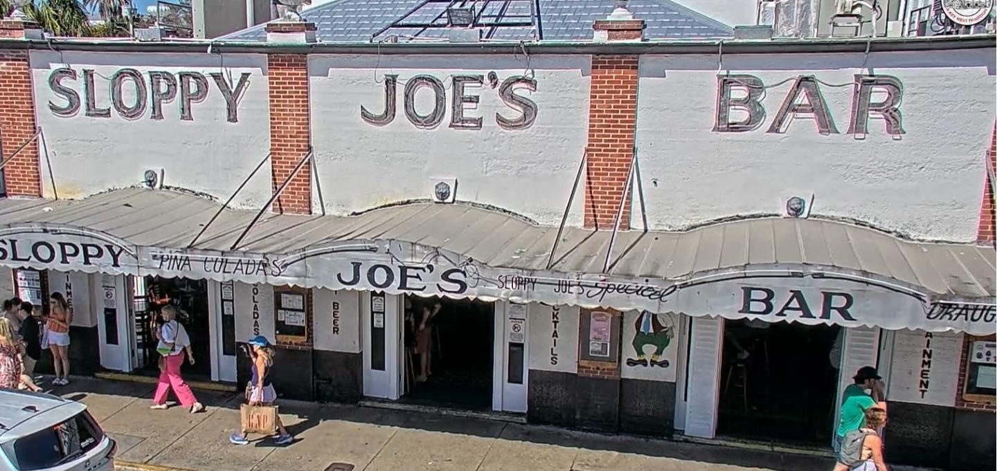 Sloppy Joe's Bar with people walking outside.